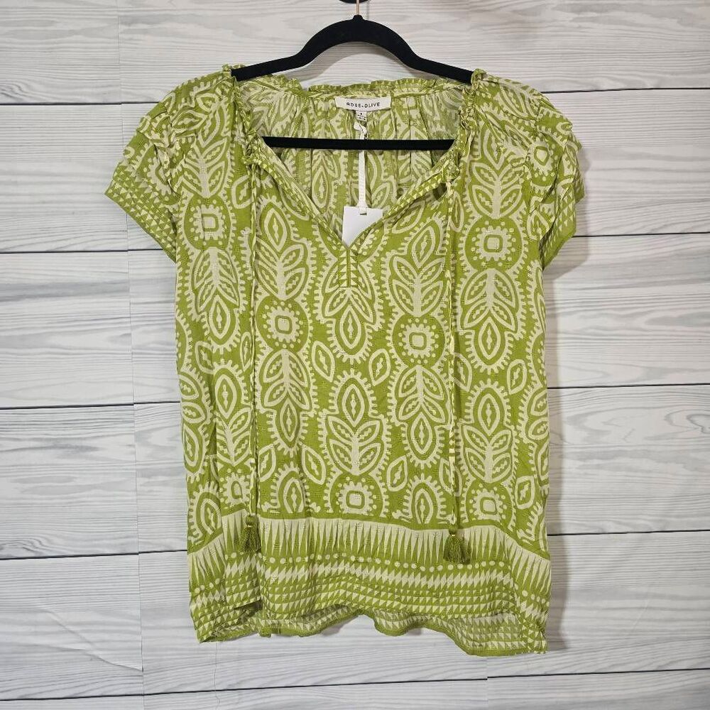 Rose + Olive Green Cream All Over Print Peasant Blouse Small NWT Boho Spring